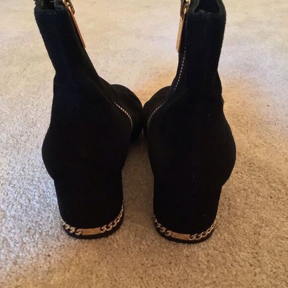 Michael Kors Sabrina Gold Chain Mid Bootie Block Heel Black Suede Boots - Picture 5 of 6